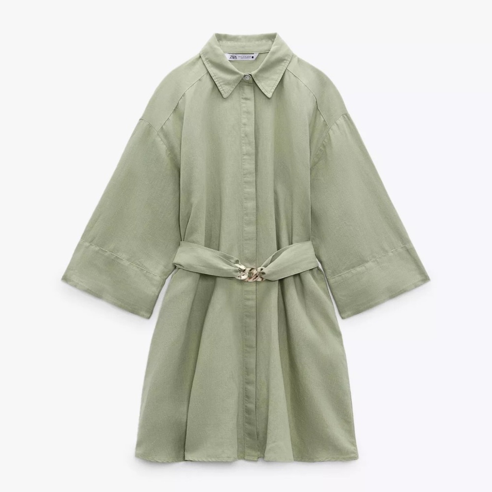 Zara Light Green Linen Belted ShirtDress